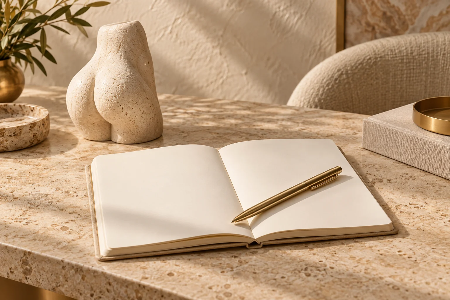 Caderno aberto e caneta dourada sobre uma mesa de pedra clara