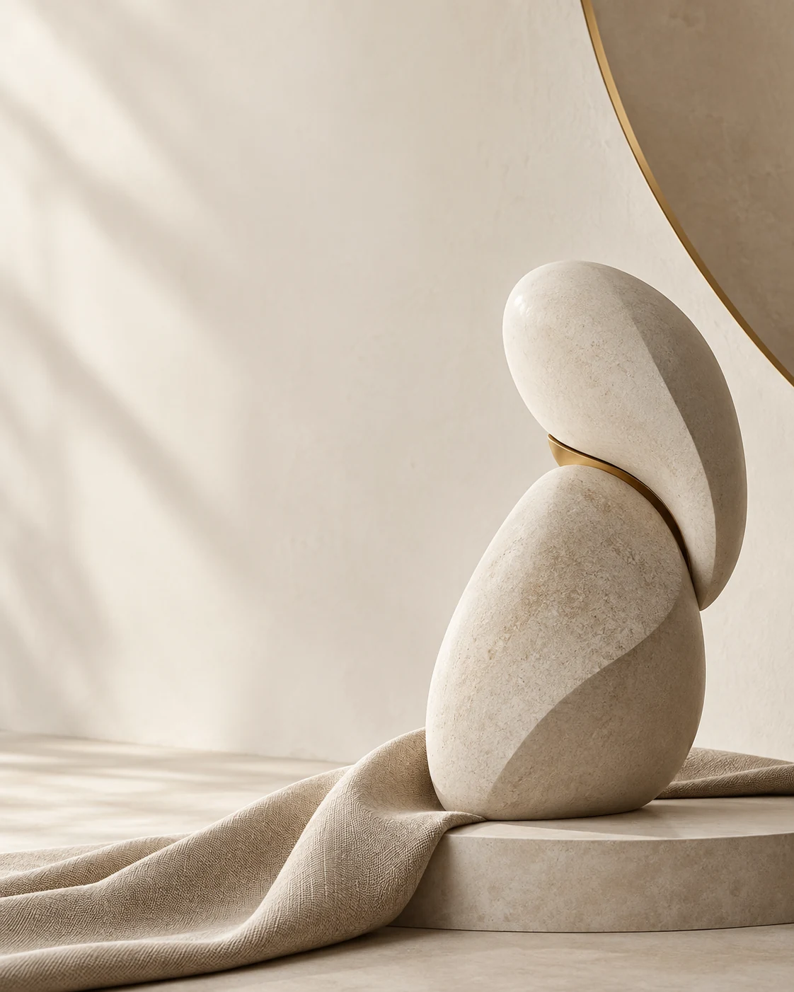 Escultura em pedra clara com detalhe dourado